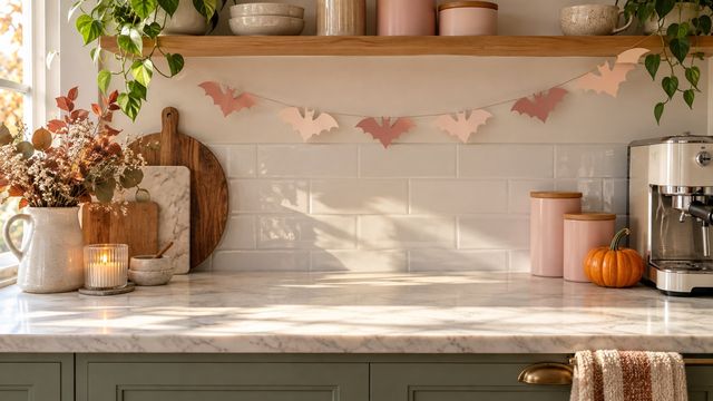 Home coffee bar with a pastel paper bat garland, blush pink canisters and a small pumpkin