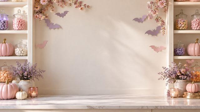 Polished pastel studio with pink pumpkins, soft bat paper decorations and glass candy jars in cream shelving