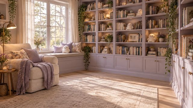 Cozy pastel reading corner with kawaii ghost plushes among bookshelves in lavender and cream tones