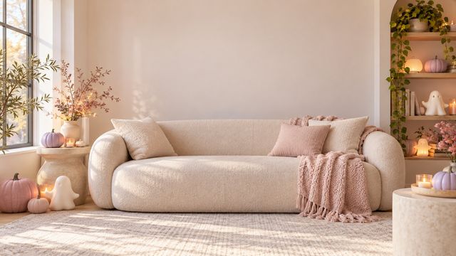 Bright airy living room with cute pastel ghost ornaments, pink and lavender pumpkins and soft natural light