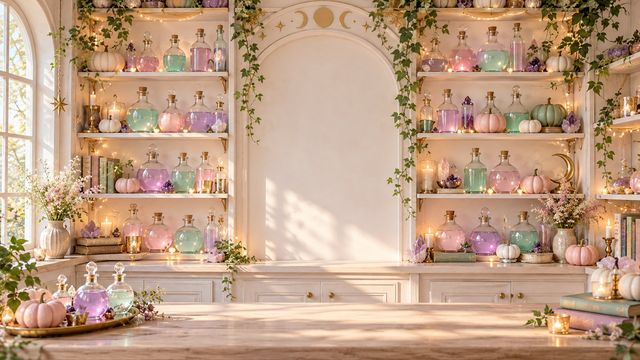 Pastel apothecary shelf wall with rounded pink, lavender and mint potion bottles and small pumpkins