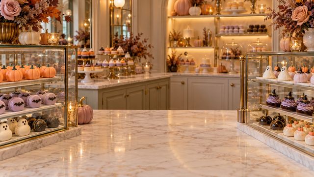 Pastel bakery display with pumpkin-shaped macarons and Halloween sweets in glass cases