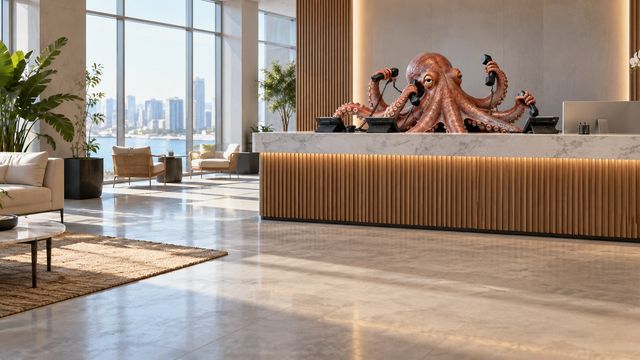 Photorealistic octopus behind a modern reception desk answering several office phones at once