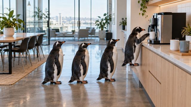 Small line of penguins waiting politely for the coffee machine in a modern office kitchen