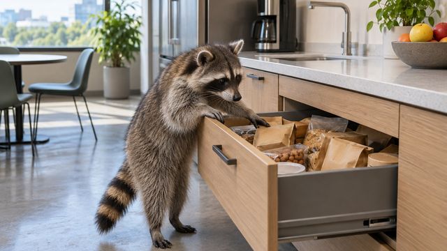 Raccoon opening an office kitchen snack drawer filled with plain paper snack bags