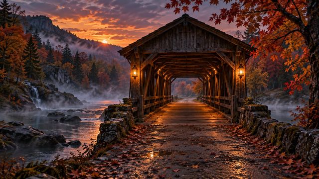 Old wooden covered bridge at dusk with warm lanterns, thin mist over the stream and autumn trees