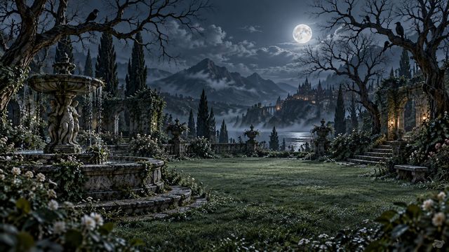 Overgrown night garden with a weathered stone fountain, bare trees, crow silhouettes and ground mist