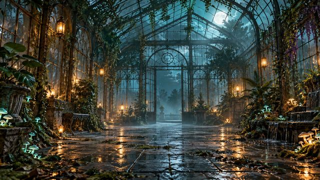 Abandoned glass greenhouse overgrown with softly glowing mushrooms and vines under teal moonlight