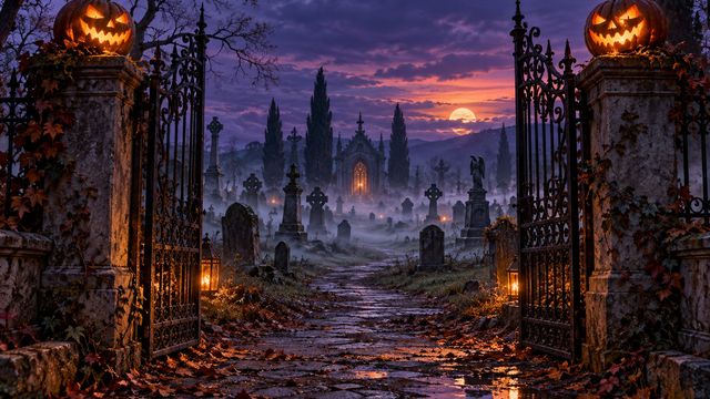 Misty graveyard seen through an ornate iron gate with carved pumpkins glowing on stone posts at twilight