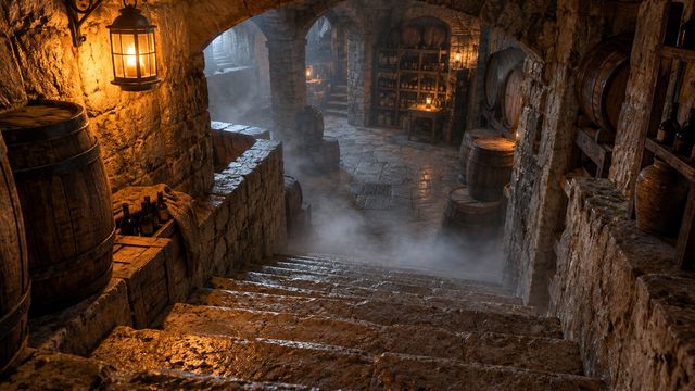 Stone cellar staircase lit by a warm lantern with gentle fog, old barrels and shadowed shelves