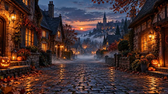 Cobblestone village street at dusk with glowing carved pumpkins on doorsteps and mist between cottages